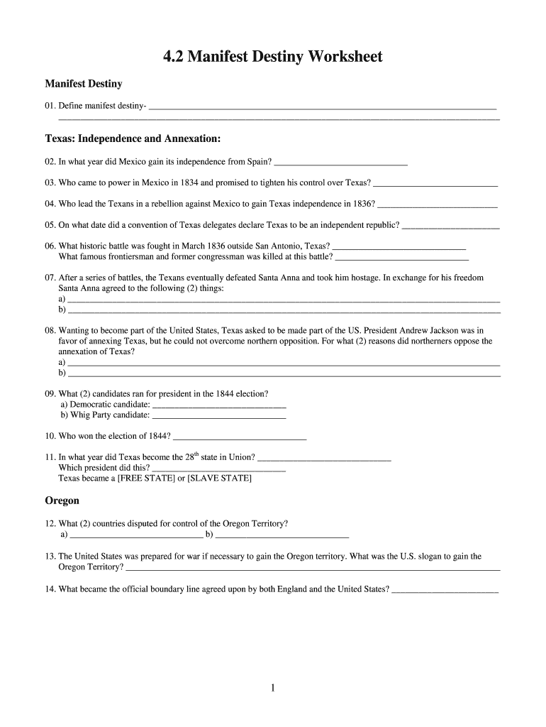 4.2 Manifest Destiny Worksheet Answer Key